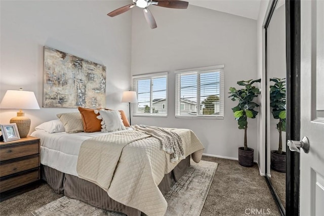 bedroom featuring high vaulted ceiling, carpet, baseboards, and ceiling fan