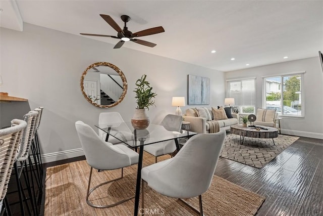 dining area featuring recessed lighting, a ceiling fan, baseboards, and wood finished floors