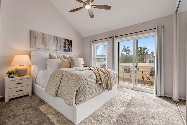 bedroom with a ceiling fan, baseboards, high vaulted ceiling, access to outside, and carpet flooring