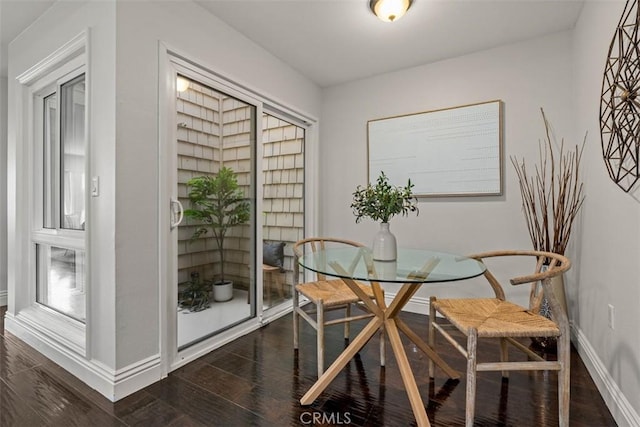 dining room featuring dark wood-style floors and baseboards