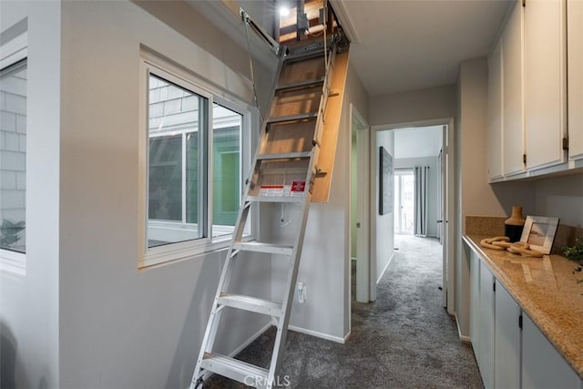 kitchen featuring carpet and baseboards