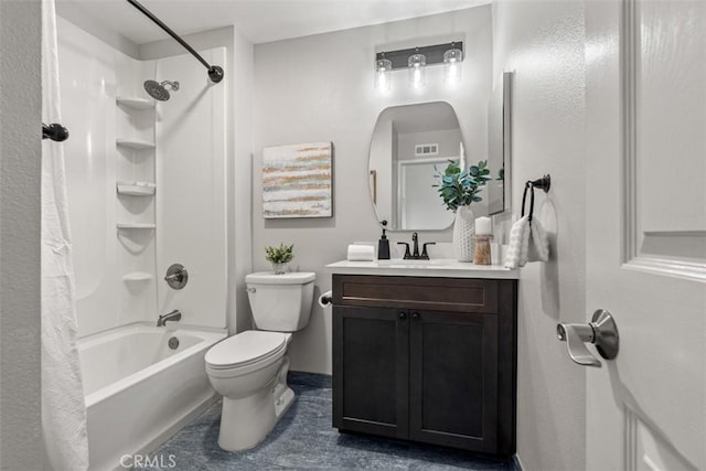 bathroom featuring vanity, toilet, and shower / bathtub combination with curtain