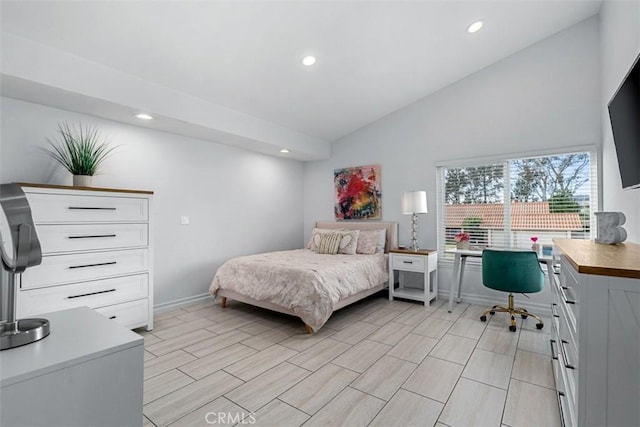 bedroom with recessed lighting, baseboards, wood finish floors, and vaulted ceiling