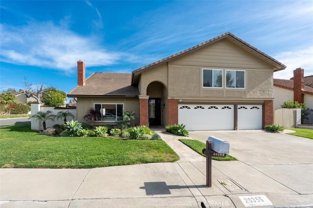 view of front of property featuring a front yard, a chimney, stucco siding, concrete driveway, and a garage