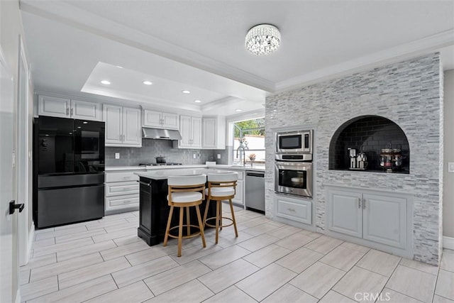 kitchen featuring stainless steel appliances, light countertops, under cabinet range hood, a raised ceiling, and a center island