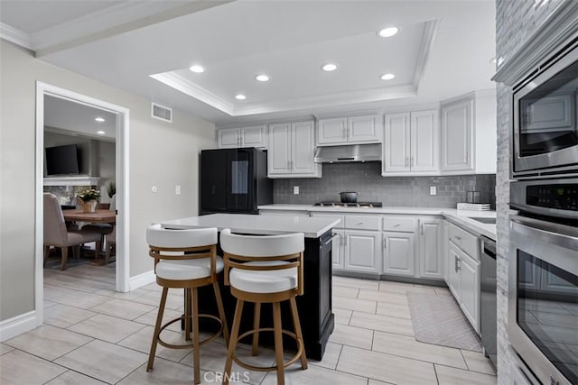 kitchen featuring a raised ceiling, light countertops, under cabinet range hood, and stainless steel appliances