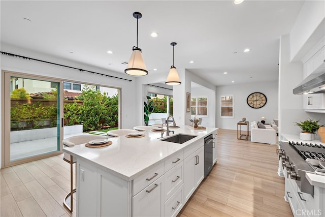 kitchen with a sink, white cabinets, open floor plan, dishwasher, and light wood-type flooring