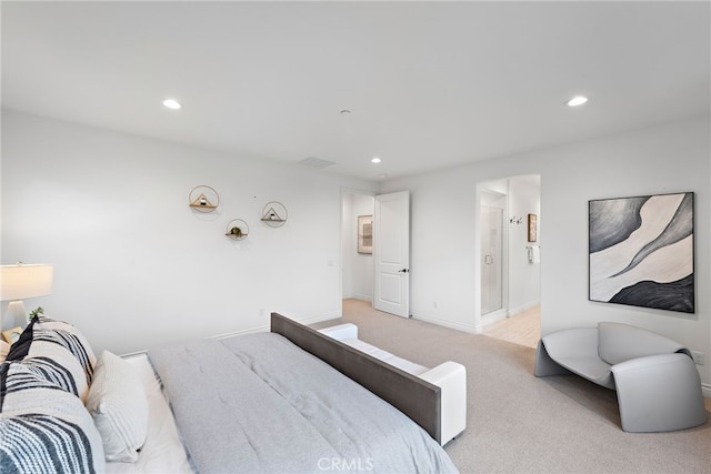 bedroom featuring recessed lighting, baseboards, and light carpet