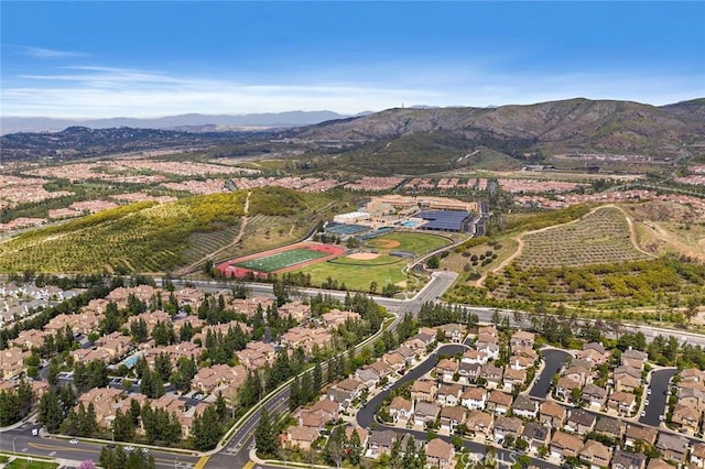 drone / aerial view featuring a mountain view