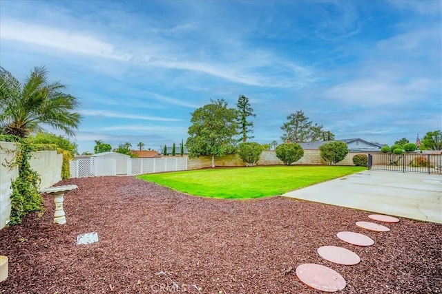 view of yard featuring a patio, an outdoor structure, a fenced backyard, and a shed