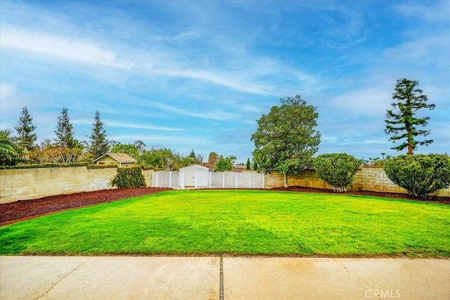 view of yard with an outbuilding, a storage unit, and a fenced backyard