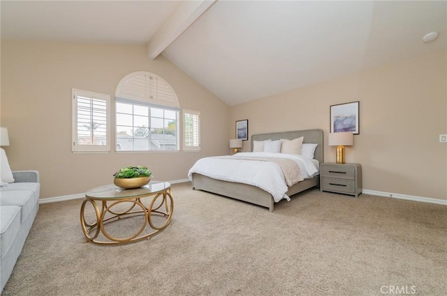 bedroom featuring lofted ceiling with beams, baseboards, and carpet floors