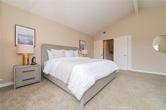 bedroom featuring visible vents, baseboards, high vaulted ceiling, beamed ceiling, and light colored carpet