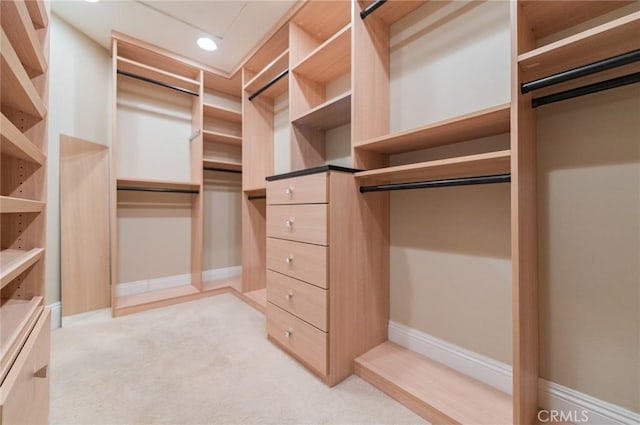 walk in closet with light colored carpet