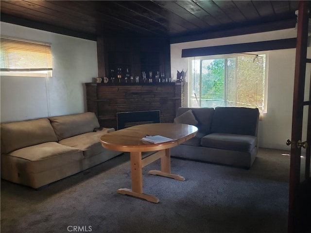 12998 Lakeshore Dr, Clearlake, CA 95422 - living room with wooden ceiling, a fireplace, and carpet floors