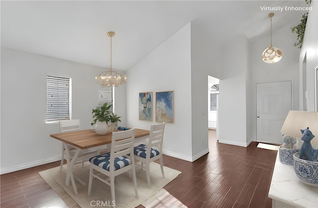 dining room featuring high vaulted ceiling, baseboards, a notable chandelier, and dark wood-style flooring