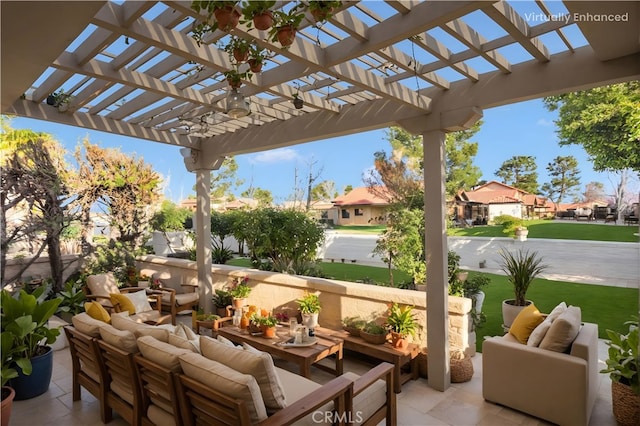 view of patio with a residential view, an outdoor hangout area, and a pergola