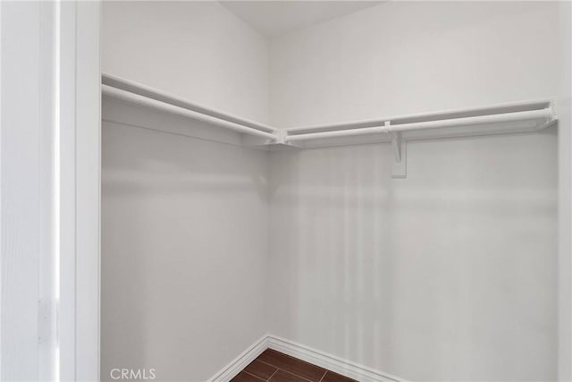 walk in closet with dark wood finished floors