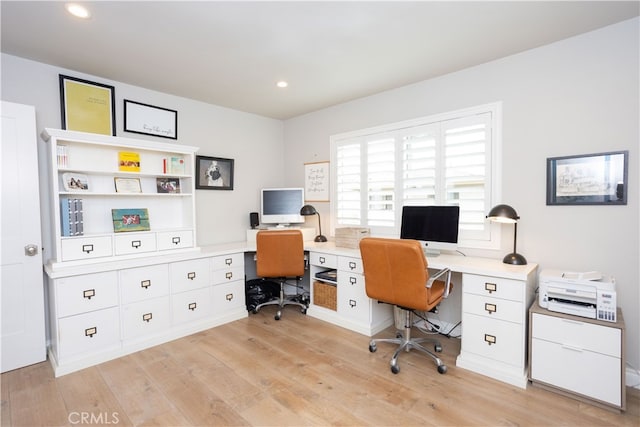 home office featuring recessed lighting and light wood-style floors