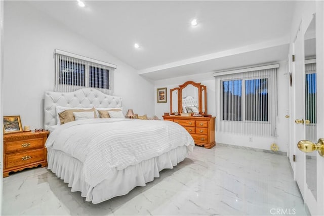 bedroom with lofted ceiling, recessed lighting, and marble finish floor