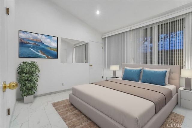 bedroom featuring recessed lighting, marble finish floor, and lofted ceiling