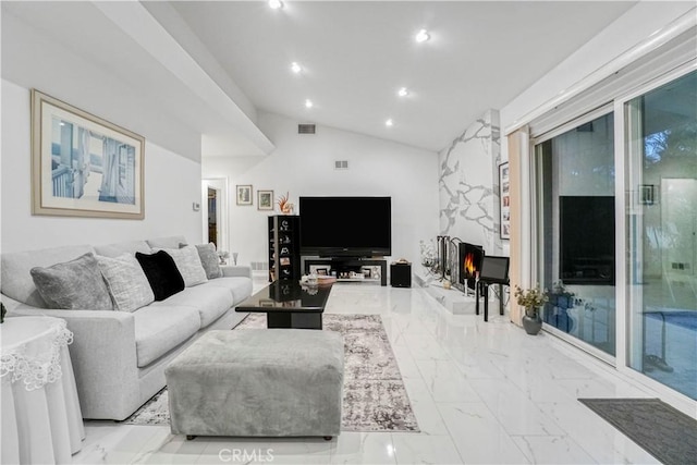 living room featuring recessed lighting, visible vents, marble finish floor, and lofted ceiling