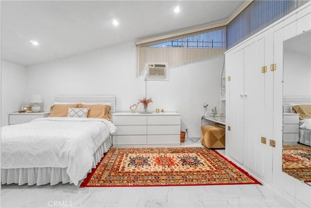 bedroom with recessed lighting, marble finish floor, and a wall mounted air conditioner