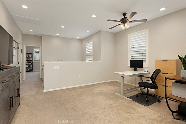 office with recessed lighting, light colored carpet, baseboards, and ceiling fan