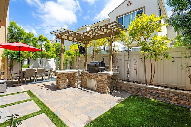 view of patio with outdoor dining space, area for grilling, a fenced backyard, and an outdoor kitchen