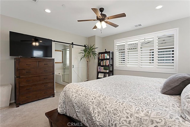 bedroom with visible vents, recessed lighting, a ceiling fan, and carpet