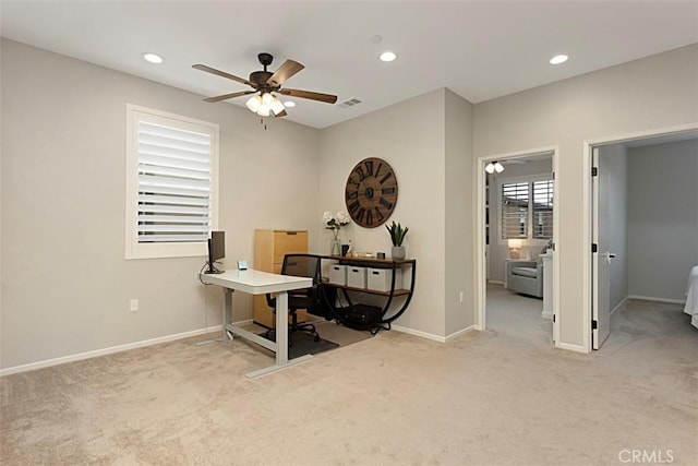 office space featuring carpet flooring, recessed lighting, and a ceiling fan