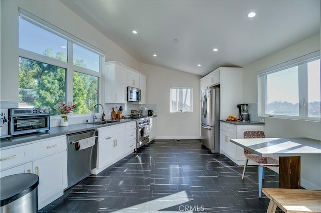 kitchen featuring a sink, decorative backsplash, plenty of natural light, and appliances with stainless steel finishes