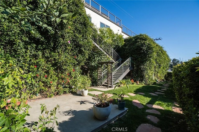 view of yard featuring a patio and stairs