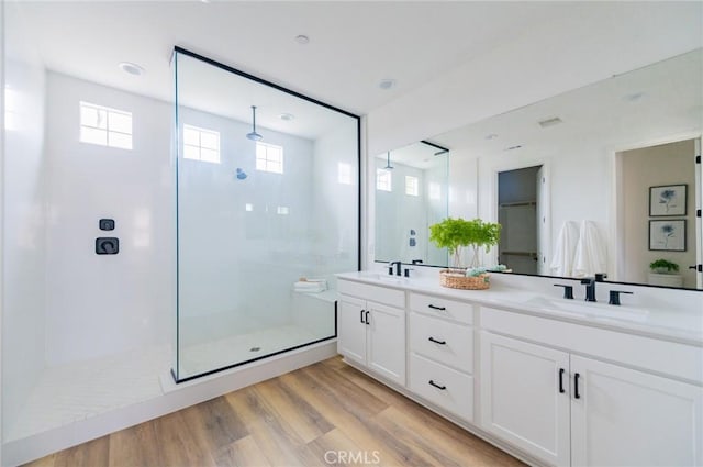 bathroom featuring double vanity, a sink, a walk in shower, and wood finished floors