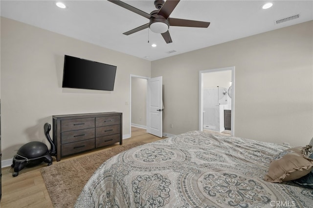 10983 Redwood Ave, Hesperia, CA 92345 - bedroom with wood finished floors, baseboards, recessed lighting, connected bathroom, and a ceiling fan