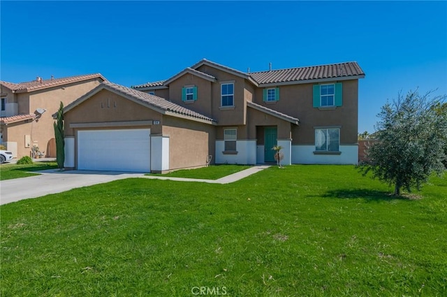 view of front of property with stucco siding, concrete driveway, a front yard, and a tiled roof