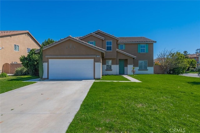 view of front of house featuring stucco siding, driveway, an attached garage, and a front lawn