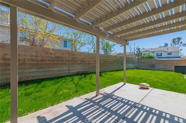 view of patio / terrace with cooling unit, a pergola, and a fenced backyard