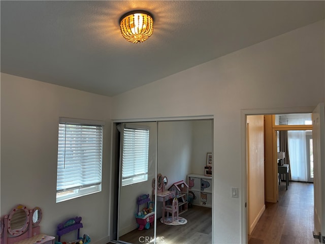 bedroom featuring a closet, light wood-type flooring, and lofted ceiling