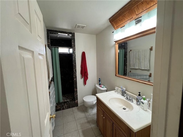 full bathroom with tile patterned floors, visible vents, toilet, a shower with shower curtain, and vanity