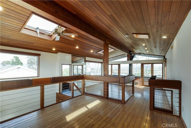 interior space with lofted ceiling with beams, a healthy amount of sunlight, wood ceiling, and hardwood / wood-style flooring