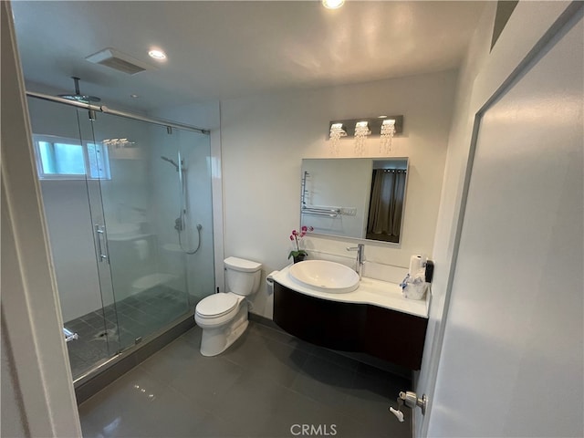 bathroom featuring visible vents, toilet, a stall shower, tile patterned flooring, and vanity