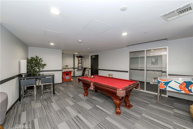 game room with visible vents, recessed lighting, carpet, pool table, and attic access