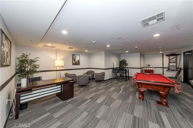 playroom featuring visible vents, recessed lighting, billiards, and carpet floors