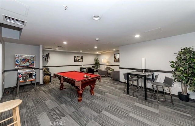 recreation room with pool table, recessed lighting, carpet, and visible vents