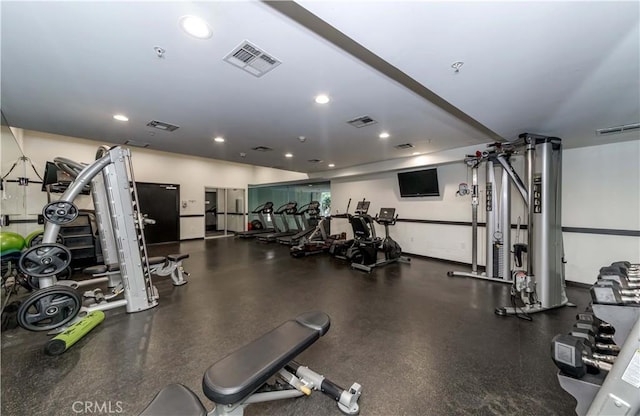 workout area with recessed lighting and visible vents