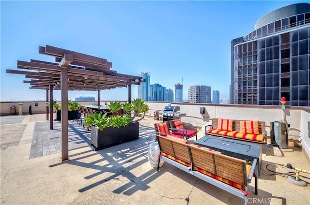 view of patio with a view of city, a grill, an outdoor hangout area, and a pergola