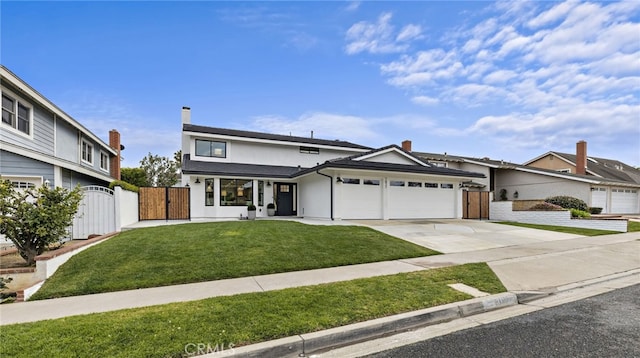 view of front facade with a front yard, a gate, fence, driveway, and a garage