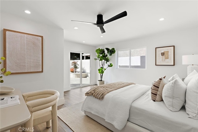 bedroom with access to exterior, recessed lighting, a ceiling fan, and wood finished floors