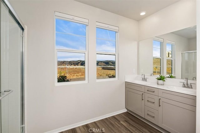 full bath with a shower stall, wood finished floors, baseboards, and a sink